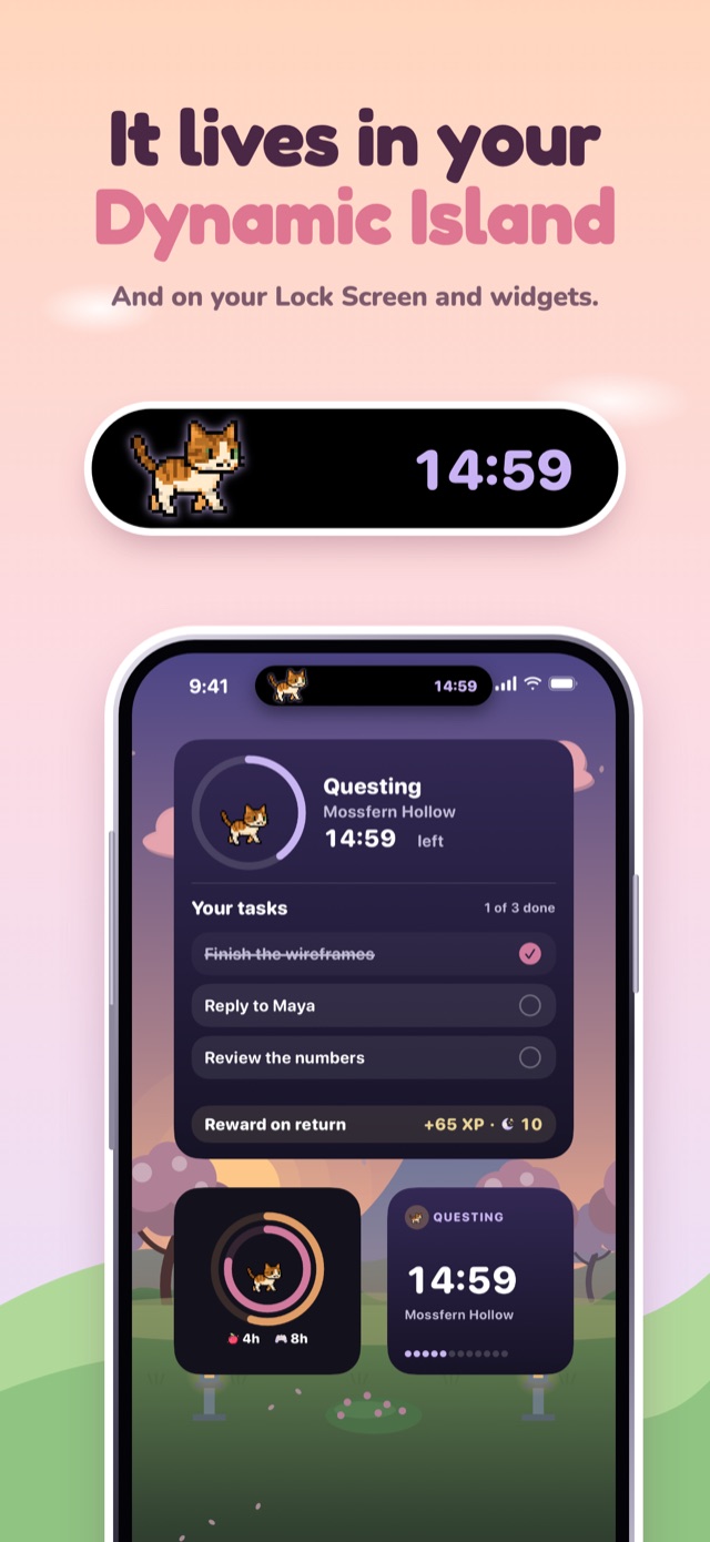 A pixel cat walking in the iPhone Dynamic Island next to a focus timer