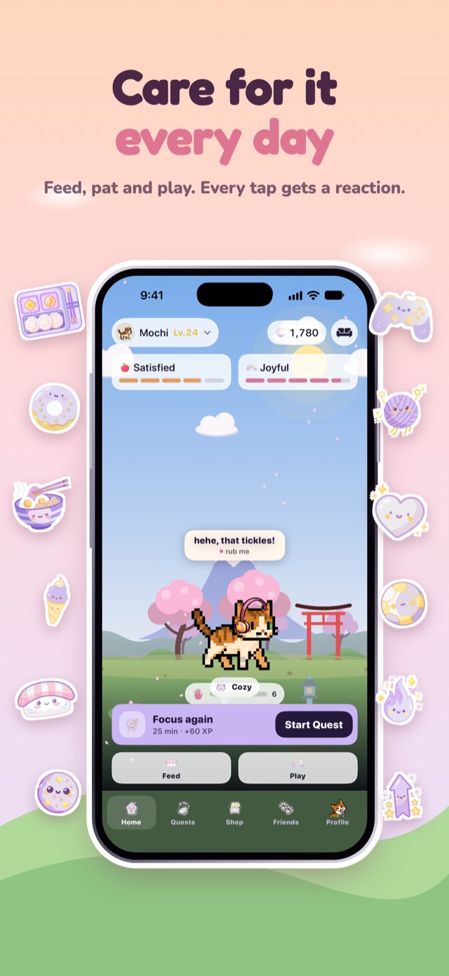 A pixel cat in a cherry blossom world with need bars and care buttons