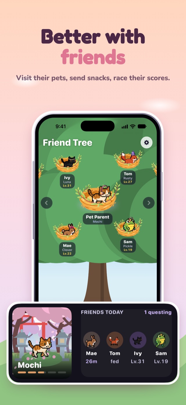 The Boko Friend Tree with friends' pets sitting in nests